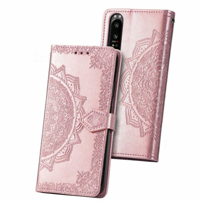   Луксозен кожен калъф тефтер със стойка и клипс Flexi за Sony Xperia 1 III златисто розов с гравирани орнаменти 